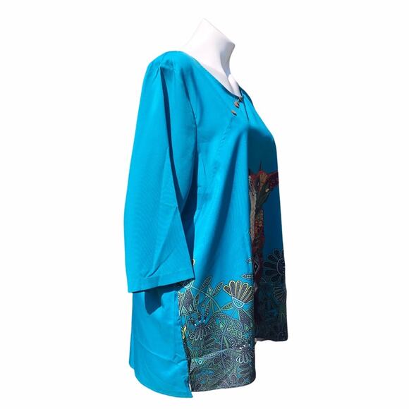 Teal abstract fox design short sleeve blouse tunic - Picture 5 of 8